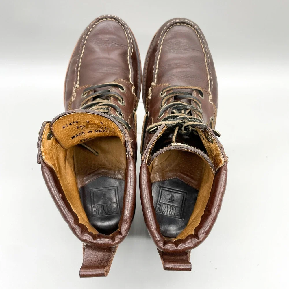 Frye Mens 9 D Brown Leather Moc Toe Chukka Boots Lace Up Lug Sole Rugged Cabin